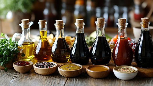 Bottles and bowls of oils condiments and spices